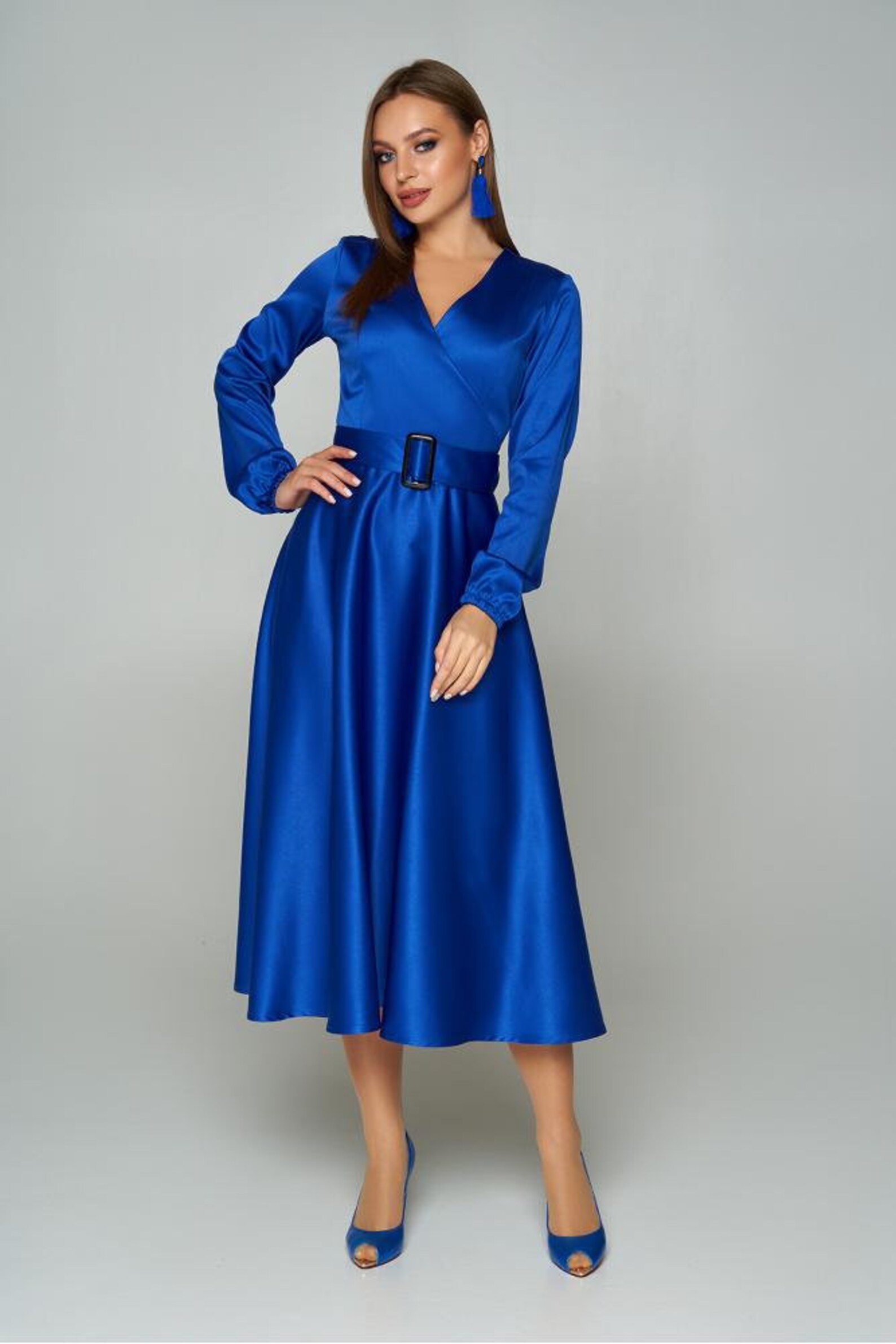 European Satin Royal Blue Midi Dress