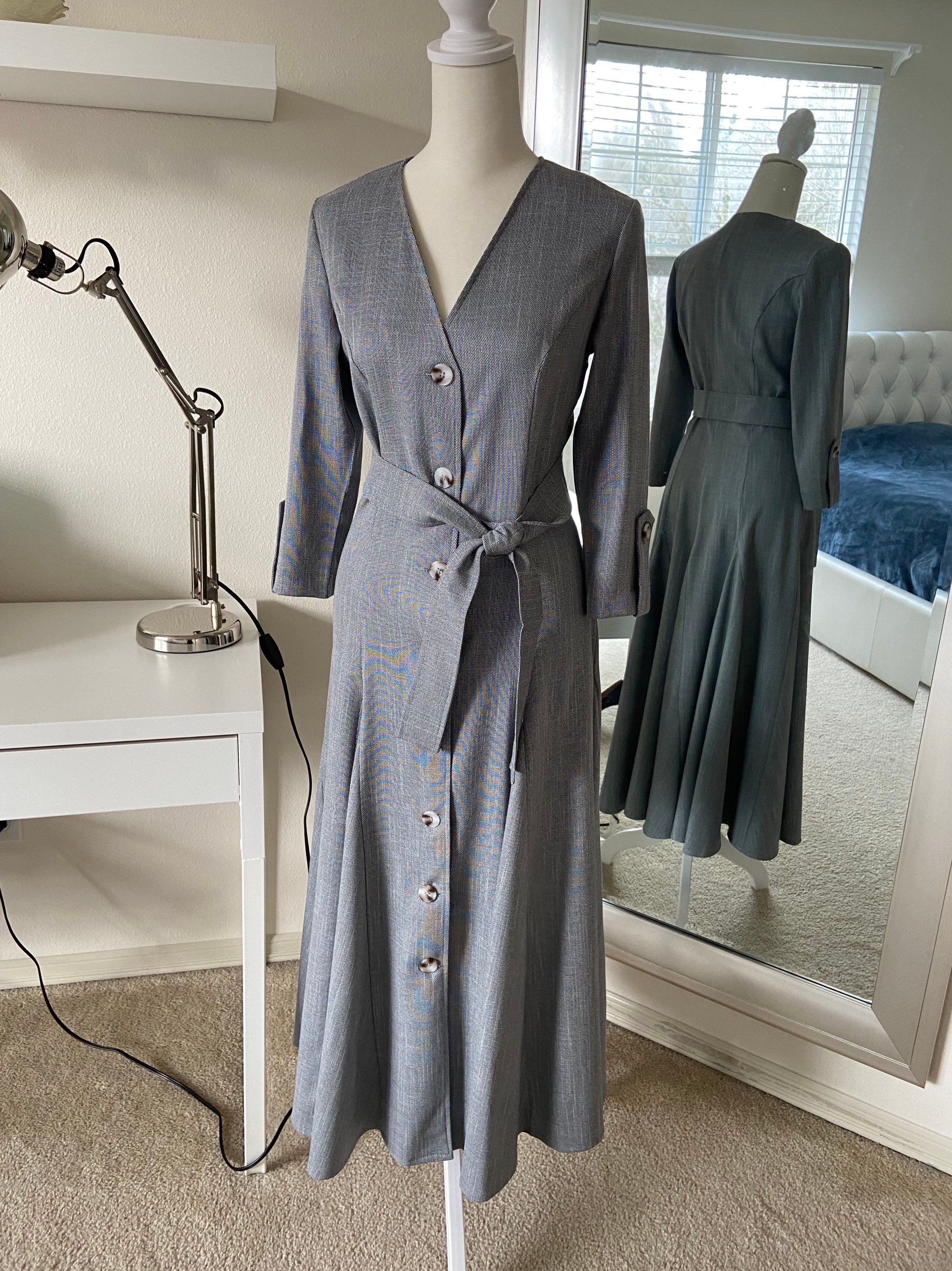 Gray Midi Dress With 3/4 Long Sleeves Buttoned Gray Long - Etsy