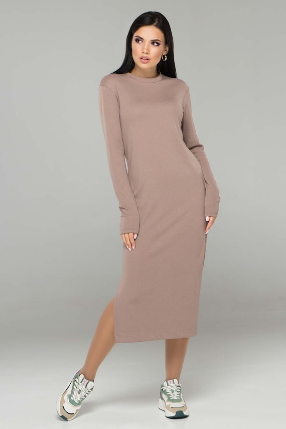 Beige long sleeve midi dress clearance