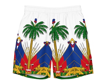May include: White athletic shorts featuring a repeating pattern of the Haitian coat of arms, including green palm trees, blue and red triangular sections, crossed rifles, cannons, and a yellow drum on a green base with a white elastic waistband.