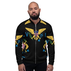 May include: A black bomber jacket with a zip fastening. The jacket features a repeating pattern of the Virgin Islands flag, which includes a yellow eagle with a blue shield and red, white and blue stripes.