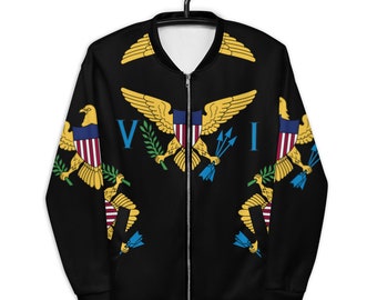 May include: A black bomber jacket with a full-color print of the flag of the United States Virgin Islands. The flag features a golden eagle with a shield and arrows, surrounded by green leaves and the letters "VI".
