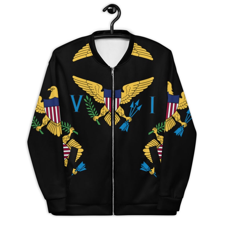 May include: A black bomber jacket with a full-colour print of the flag of the United States Virgin Islands. The flag features a golden eagle with a shield and arrows, surrounded by green leaves and the letters "VI".