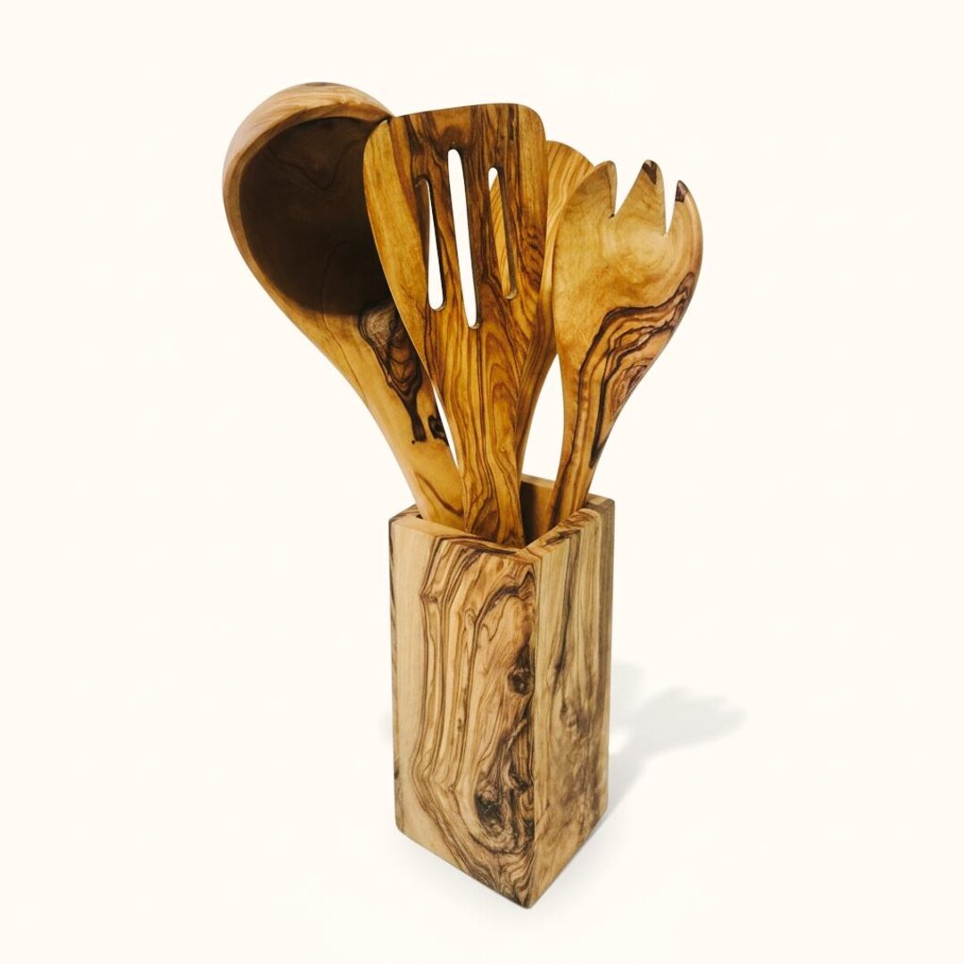 Handmade Olive Wood Utensil Set With Holder – Rustic Kitchen Tools - Etsy