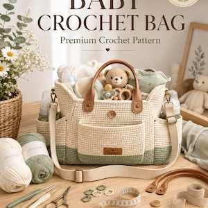 Op de afbeelding: Een haakpatroon voor een babytas met de tekst BABY CROCHET BAG, Premium Crochet Pattern, Easy to Intermediate en Instant PDF Download. De tas is crème en saliegroen met bruine lederen handvatten, een voorvak en een label.