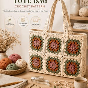 May include: A crochet tote bag made of cream-colored yarn featuring six granny squares with floral patterns in shades of dusty pink, burnt orange, and olive green. The text reads GRANNY SQUARE TOTE BAG CROCHET PATTERN, BabyPurl Co, and other details.