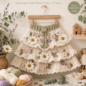 May include: A cream-colored tiered crochet skirt featuring floral appliques, a sage green waistband with a drawstring, and a wooden button. The text reads: CROCHET WILDFLOWER TWIRL SKIRT, Step-by-Step Crochet Pattern, Sizes 1-8 Years, Easy to Intermediate.
