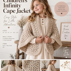 May include: A beige crochet infinity cape jacket pattern by BabyPurl Co. The document features text including Children's Infinity Cape Jacket, sizes 2Y to 12Y, skill level, and yarn type. The design is a textured, open-front garment with buttons.