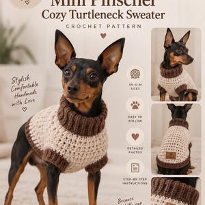 Op de afbeelding: Een haakpatroon voor een gezellige coltrui voor een Dwergpinscher. Het document toont een zwart-bruine hond in een beige trui met bruine geribbelde boorden. Tekst bevat BabyPurlCo, Mini Pinscher Cozy Turtleneck Sweater en maten XS-S-M.