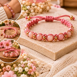 May include: A pink macrame bracelet featuring alternating light pink and metallic gold beads, with an adjustable sliding knot closure. The text "Beaded Macrame Bracelet Step by Step Guide" and "BabyPurl Co" are visible on the image.