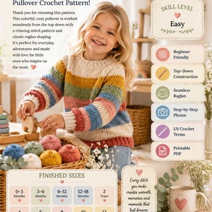 Op de afbeelding: Een haakpatroon voor een kinderpullover met horizontale strepen in crème, blauw, roze en geel. Het document bevat tekst, een vaardigheidsniveau, afgewerkte maten van 0-3 maanden tot 12 jaar en een foto van een kind.