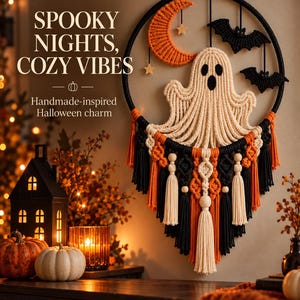 Halloween Macrame Wall Hanging Pattern, Ghost Macrame Tutorial, DIY Halloween Decor, Crescent Moon & Bat Wall Art, Digital PDF Pattern