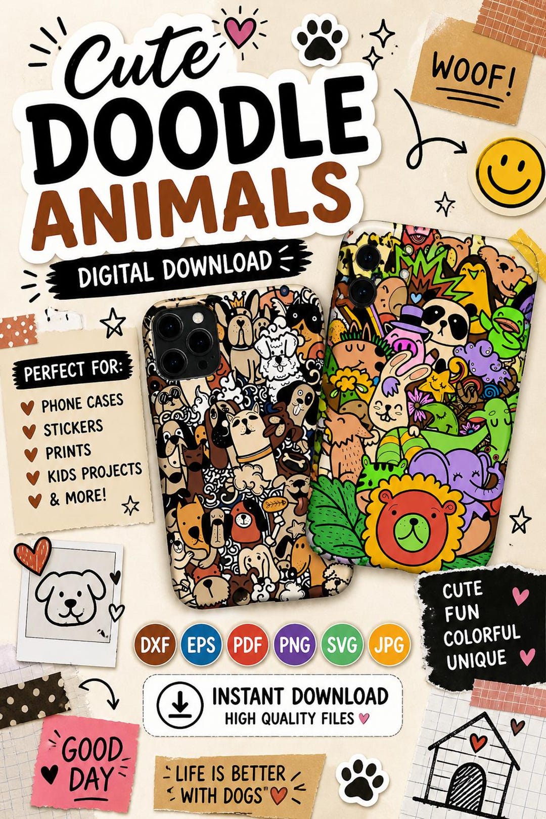 Cute Animal Doodle SVG Bundle Png Eps Pdf JPG DXF, Kawaii Cartoon ...