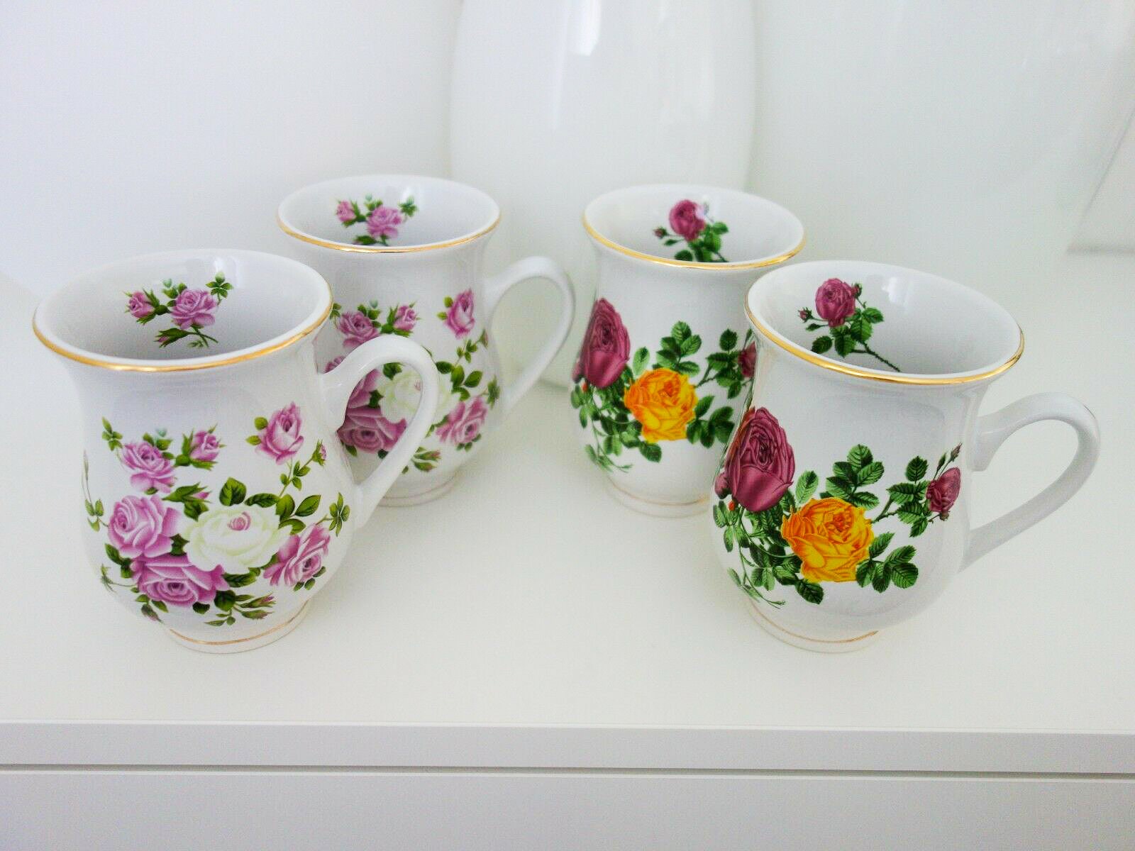 4 Coffee Mugs Handle Mug Porcelain Gold Rim Rose Decor 300 ml Etsy
