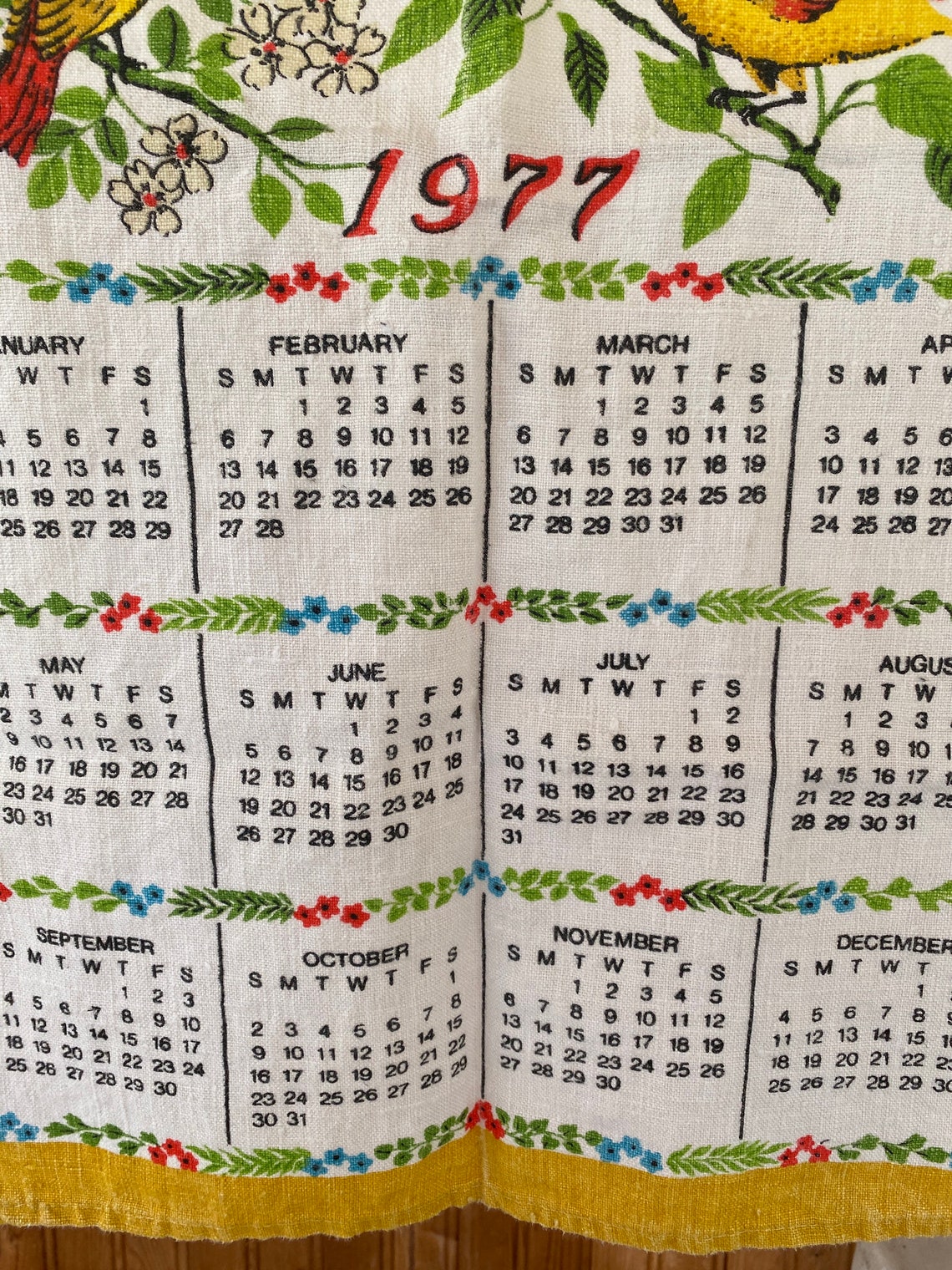 Vintage 1977 Calendar Tea Towel With Birds Etsy