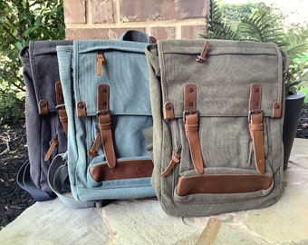 Large Canvas Backpack, Leather Trim, Laptop Compartment