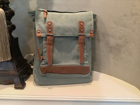 Teal Canvas Travel Backpack | Leather Accents, Laptop  display picture 3