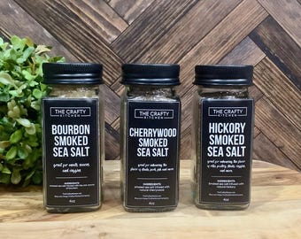 Sales marinas ahumadas, condimento gourmet, bourbon, nogal, madera de cerezo
