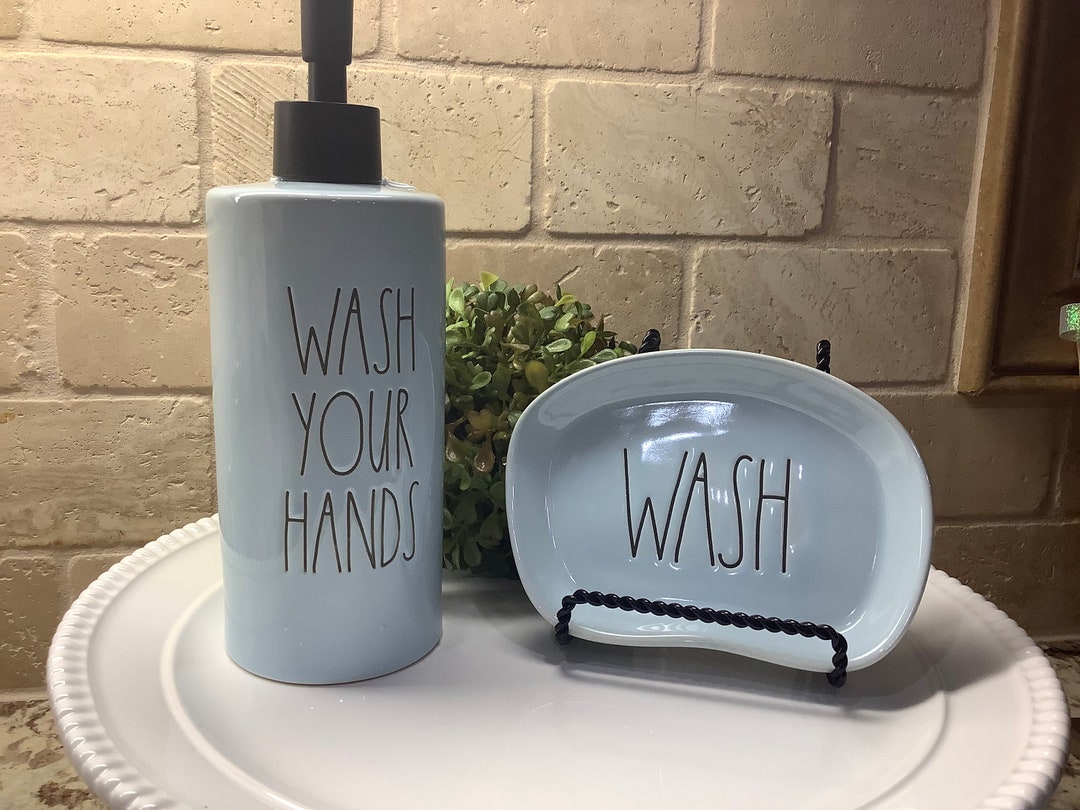 Rae Dunn Wash Your Hands Soap Dispenser and Soap Dish Set, Rae Dunn