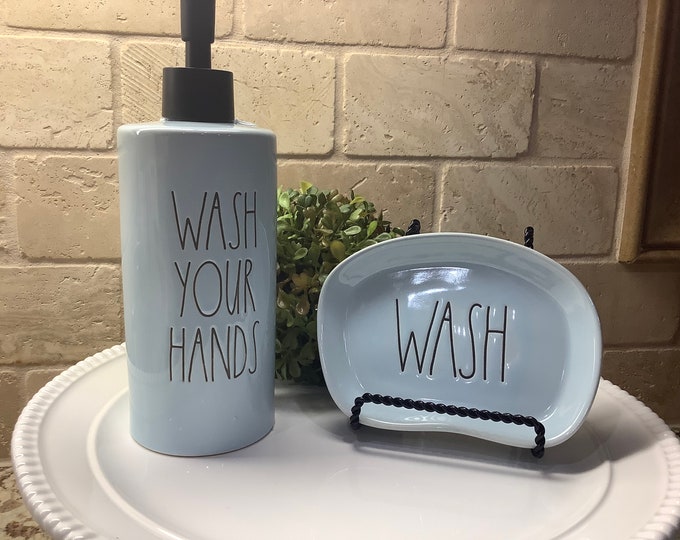 Rae Dunn Wash Your Hands Soap Dispenser and Soap Dish Set, Rae Dunn