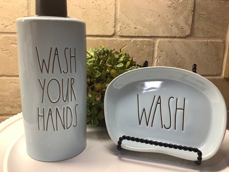 Rae Dunn Wash Your Hands Soap Dispenser and Soap Dish Set Rae Etsy