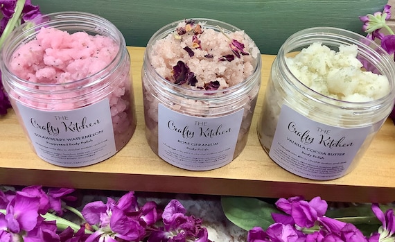 Natural Sugar Scrub, Rose Geranium, Vanilla Cocoa Butter, Strawberry Watermelon, Body Polish, 6oz Jar