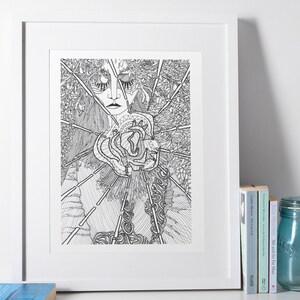 Peut inclure: Impression en noir et blanc d'une femme avec une grande rose au centre de l'image. Le visage de la femme est entouré de détails et de lignes complexes.