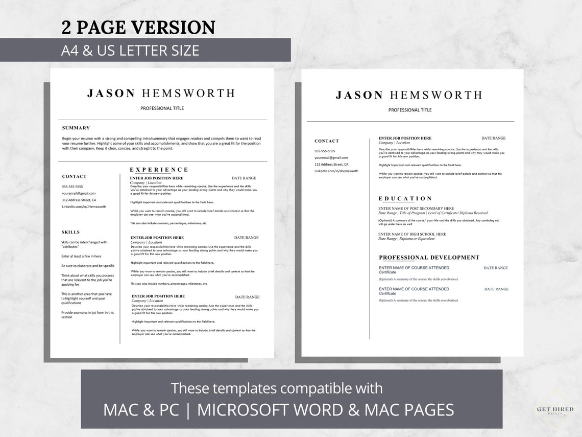 Editable Resume Template Resume Template for MS Word Mac - Etsy