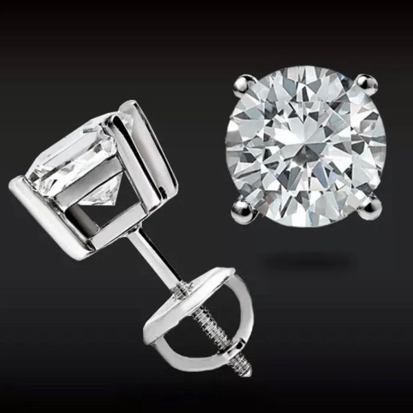 1.60 Ct Round Stud Earrings GRA Moissanite 14K White Gold Screw back Pierced Gift 6mm Screw Back