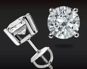 4 Ct Round Cut FL/D Moissanite Solitaire Screw Back Stud Earrings 14K White Gold 8mm Retail Value 695.00