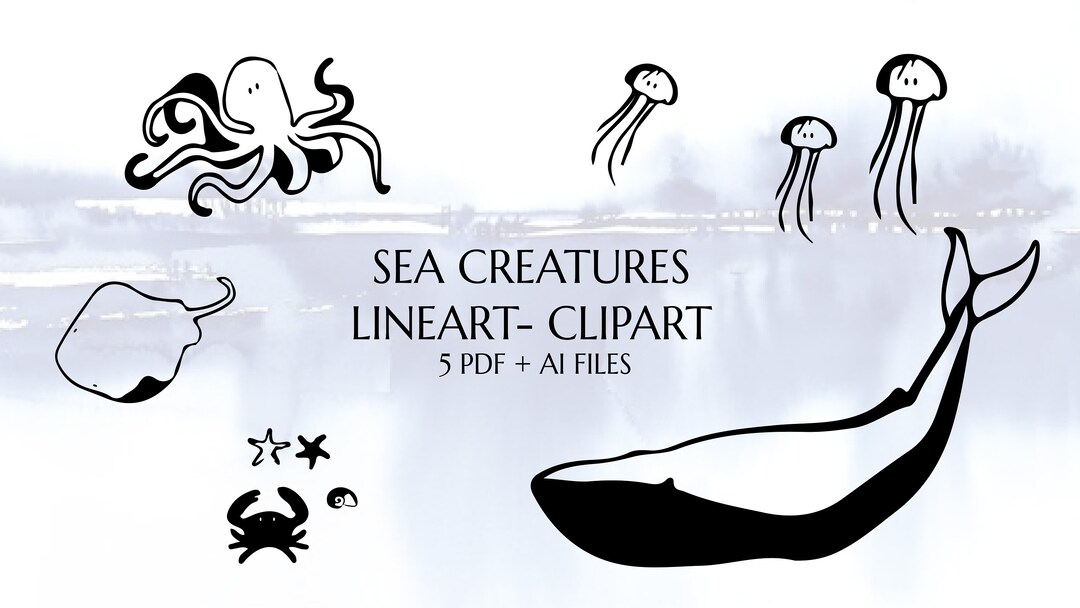 SEA CREATURES Lineart Elements - 5 Pdf + Ai Files Clip Art Designs ...