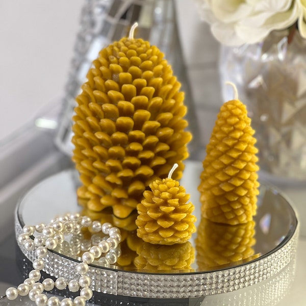 Set of 3 pine cone candles (100% beeswax) handcrafted small, medium and large pine cone candle set or choose a size