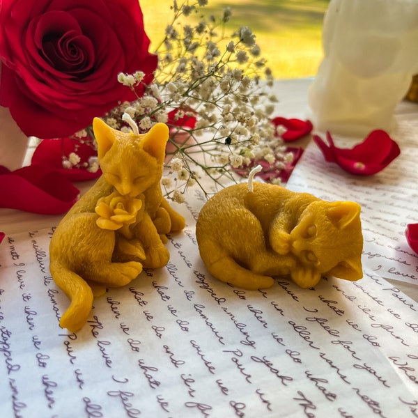 Set of 2 cat candles. rose cat candle and sleepy cat candle. birthday candles.cat lover candle. Cat shaped candles