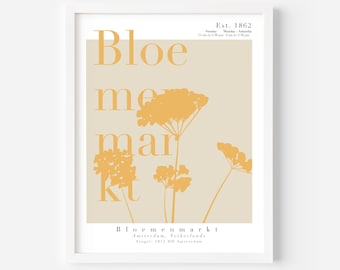 Bloemenmarkt Blumenmarkt, Amsterdam, Niederlande, Holland, minimalistisch, botanische Schafgarbe, Original Kunstwerk Poster, sofortiger digitaler Download