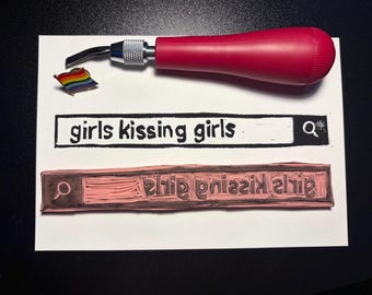 Barre de recherche de filles queer gays s'embrassant, linogravure