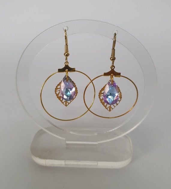 Leaf and Crystal Creole Earrings Etsy