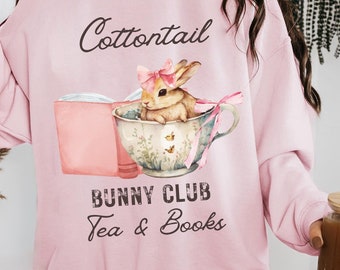 Cottagecore Cottontail Bunny Club Tea Cup & Books Coquette Bow Watercolor Png | Trendy Pink Coquette Bow Easter Shirt Sublimation Design