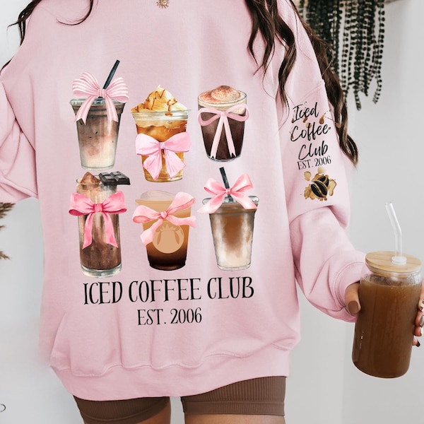 Iced Coffee Club Sweatshirt & Sleeve Watercolor PNG Design | Trendy Mom Coffee Lover Coquette Bow PNG DTF Sublimation