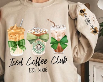 Green Iced Coffee Club Sweatshirt & Sleeve Watercolor PNG Design | Trendy Mom Coffee Lover Coquette Bow PNG DTF Sublimation