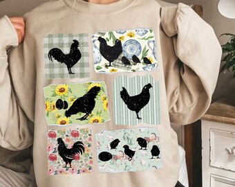 Cottagecore Retro Farmhouse Chickens Destructed Collage Sublimation Design | Rustic Wallpaper Chicken Silhouettes Spring Shirt Png Clipart