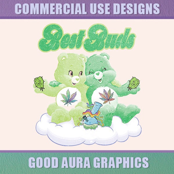 Funny Retro Cartoon Pot Bears Best Buds Weed Marijuana Leafs Shirt Design | Colorful Cloud Smoke DTF Clipart Vintage Stoner Idea Png File