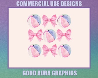 Pastel Trendy Summer Beach Balls Coquette Bows Collage Png | Soft Girly Aesthetic Watercolor Sublimation Dtf Shirt Design | Pool Babe Vibes