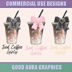 Iced Coffee Girly Watercolor Coquette Pink Black Bow Shirt Design | Summer Coffee Trendy Png For Sublimation DTF | Soft Girl Bundle