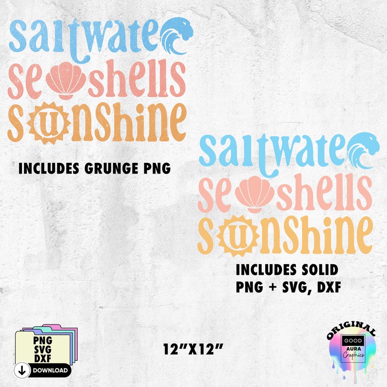 saltwater seashells sunshine groovy summer shirt design png svg bundle make family tshirts tumblers tote bags stickers and more to sell or gift with sublimation or cricut or silhouette cutting machines. Great beach vacation craft project.