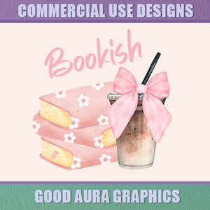 Bookish Pink Acuarela Daisy Libros Café helado con coqueta arco Png / Soft Girlie Estética Lectura Diseño de sublimación