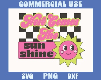 Ecco che arriva il sole Retro Neon Trendy Checkered SVG PNG Bundle / Groovy Summer Cut File Sublimation Silhouette Cricut Vintage Beach Vibe