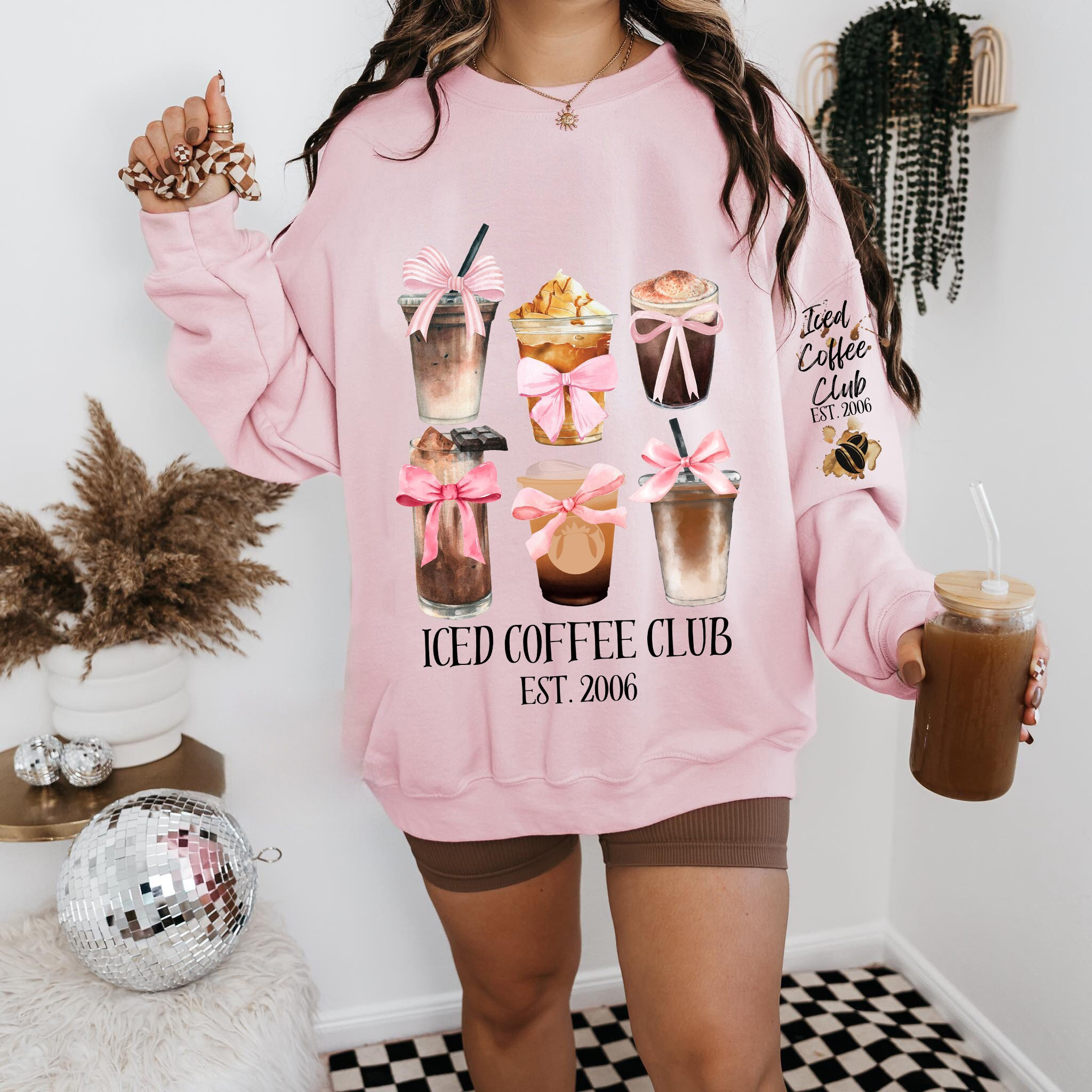 Iced Coffee Club Sweatshirt & Sleeve Watercolor PNG Design | Trendy Mom Coffee Lover Coquette Bow PNG DTF Sublimation