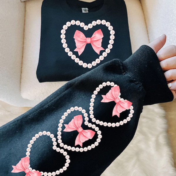 Pearl Heart Coquette Bow Aesthetic | Girlie Era PNG Bundle With Sleeve Design | Soft Girl Trendy Valentines Day Shirt Sublimation Design