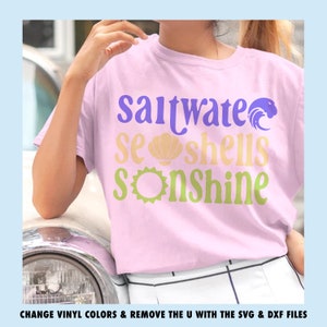 saltwater seashells sunshine groovy summer shirt design png svg bundle make family tshirts tumblers tote bags stickers and more to sell or gift with sublimation or cricut or silhouette cutting machines. Great beach vacation craft project.