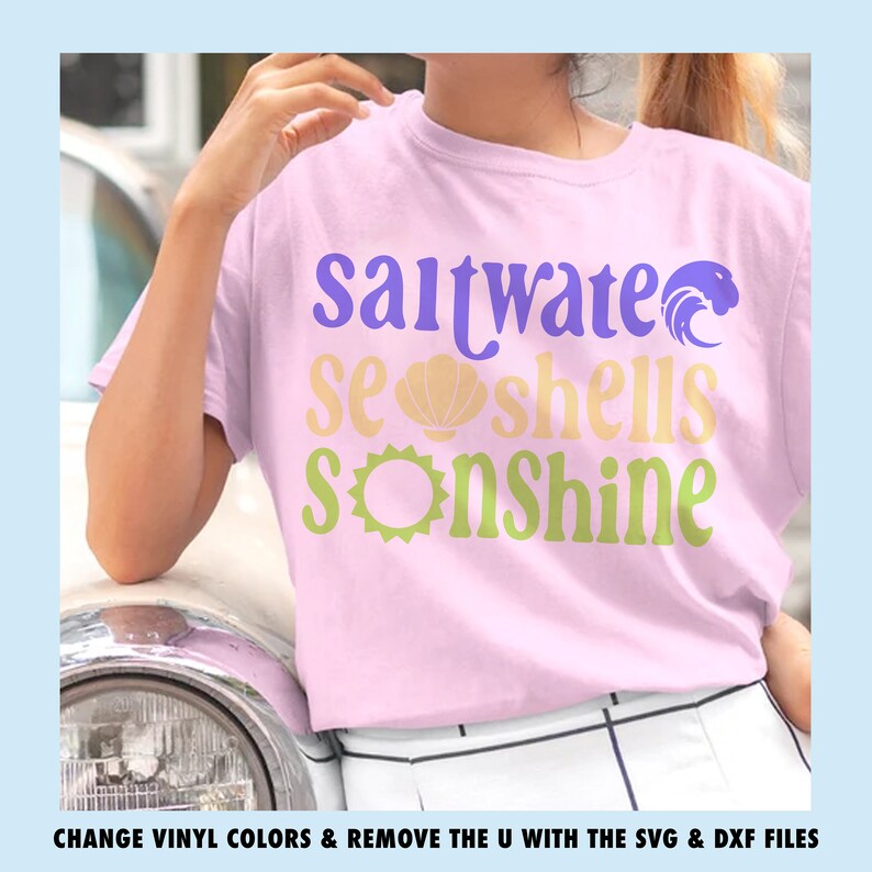 saltwater seashells sunshine groovy summer shirt design png svg bundle make family tshirts tumblers tote bags stickers and more to sell or gift with sublimation or cricut or silhouette cutting machines. Great beach vacation craft project.